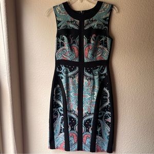 BCBGMAXAZRIA teal and coral paisley print sheath dress Size 2